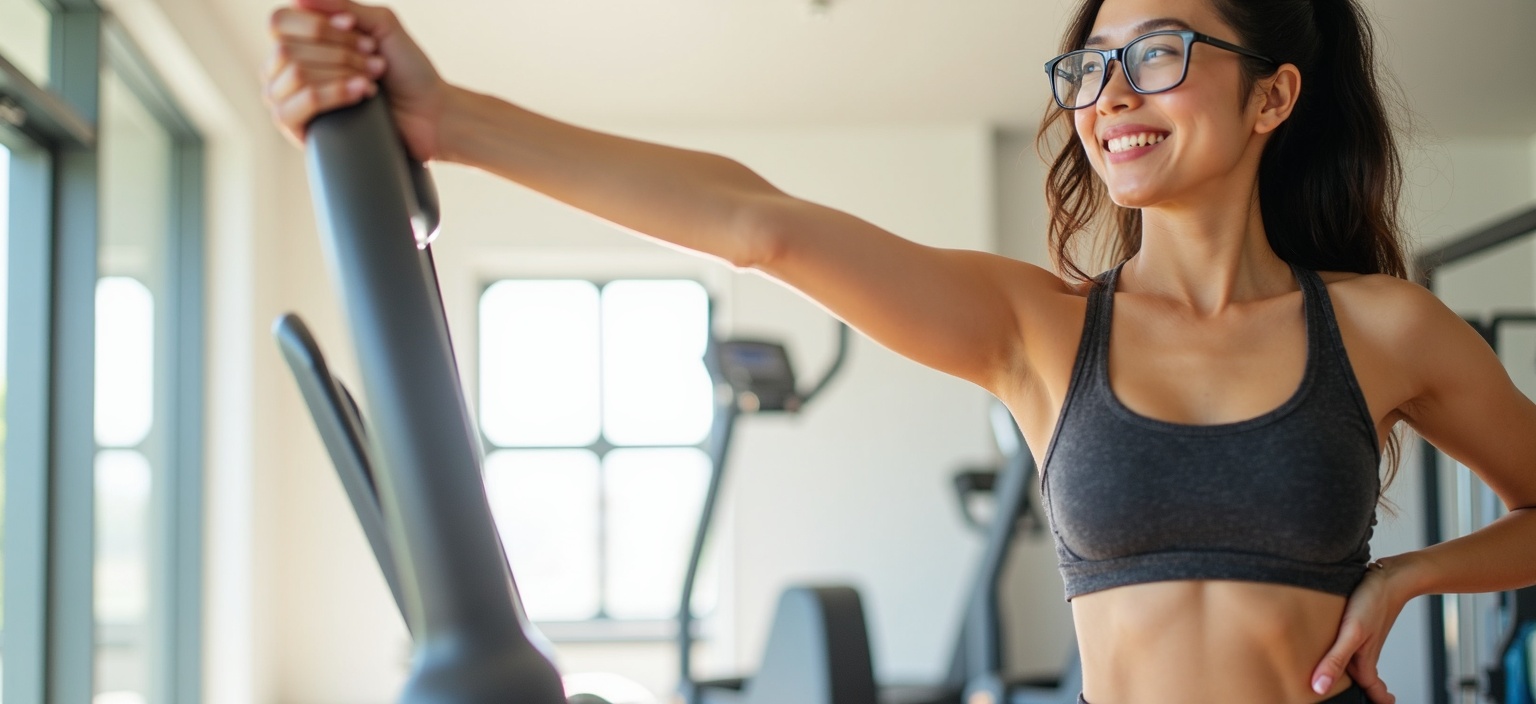 AI generated image by FLUX.1-image-to-image: A well proportioned Asian woman wearing glasses takes selfies at the gym, showing off her abs and sweat, and shares real social photos