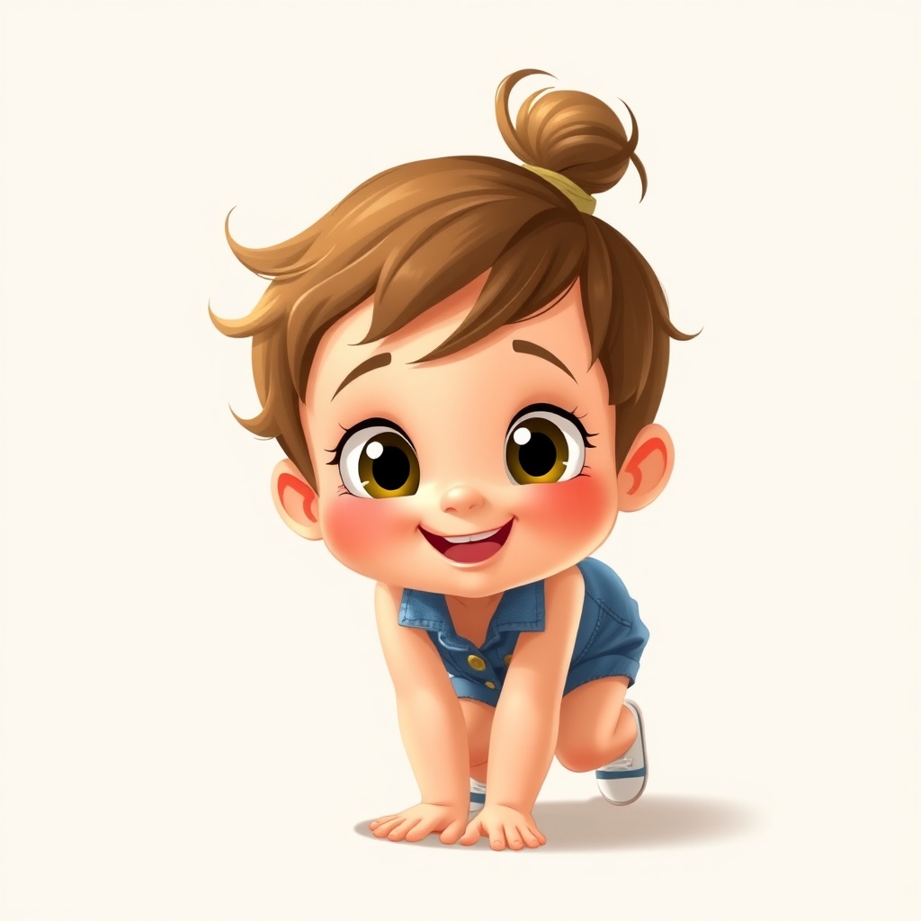 AI generated image by FLUX.1-schnell: Cute, whimsical illustration Disney Pixar style of a playful, cartoonish toddler with big, expressive eyes and a cheeky grin, dressed in a cute denim outfit. The child is bending forward joyfully, exuding energy and innocence, with tousled hair in a messy bun. The setting is minimalistic, emphasizing the character's playful demeanor. Add soft, warm colors to evoke a sense of happiness and childhood joy. Excelent lights, shadows, details, acurrate and modeling.