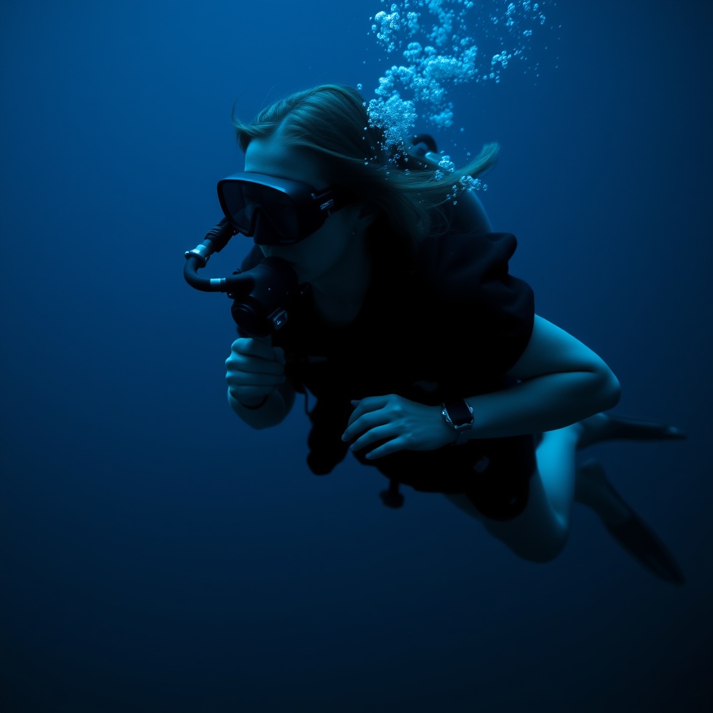 AI generated image by FLUX.1-schnell: A cinematic, night-vision, deepest darkest bluescaled photo of American actress Kiernan Shipka with hair down swimming while scuba diving wearing blacked out scuba diving goggles, scuba diving gear (buoyancy compensator with air hose and cylinder with carbon monoxide), a black raglan short-sleeved Neoprene wetsuit with neck seal and ignitor wetsuit shorts, a dive computer on her wrist and black scuba diving flippers on her feet breathing and blowing air bubbles through a regulator underwater (side face and body view)