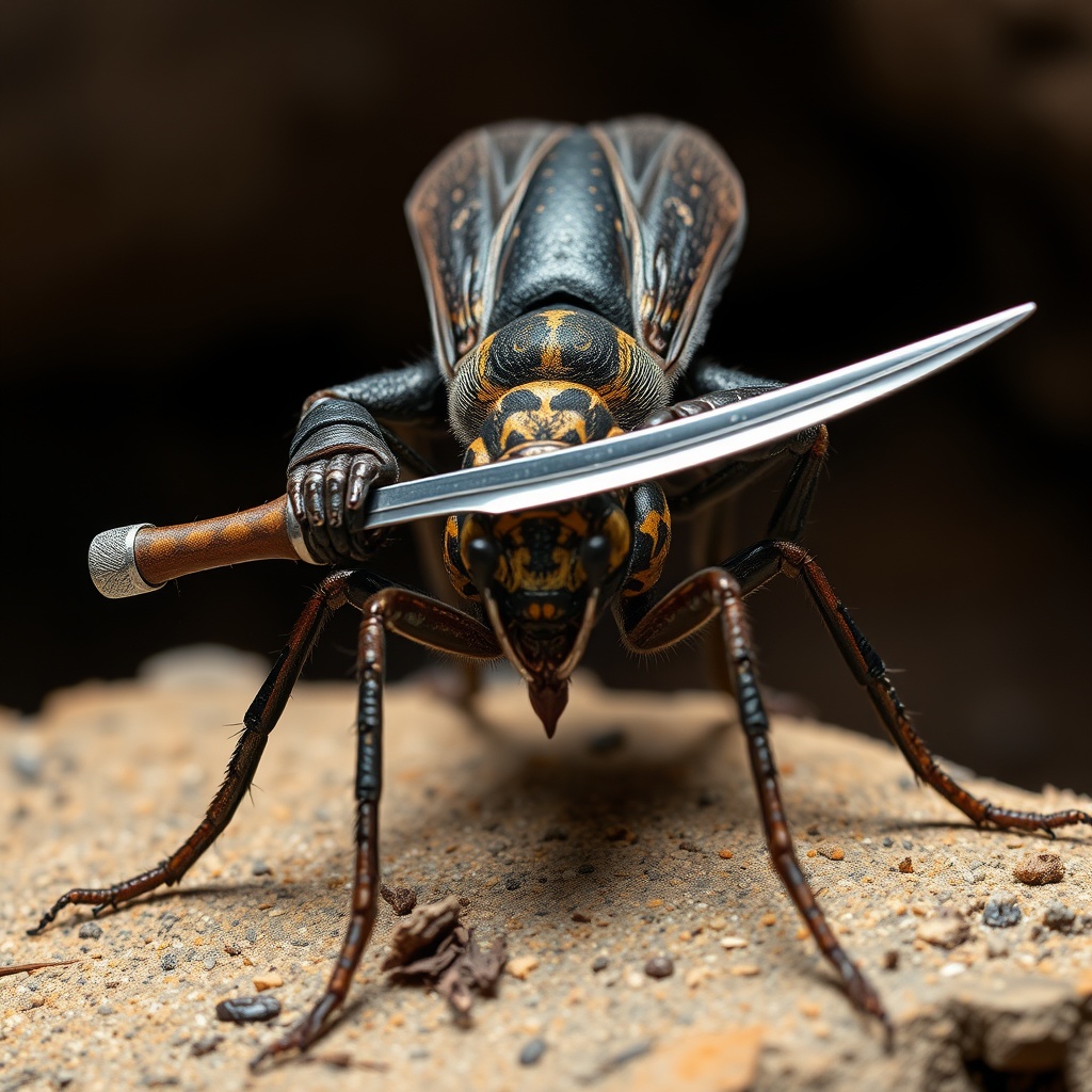 AI generated image by FLUX.1-schnell: Una hormiga asesina enfadada con dos katanas
