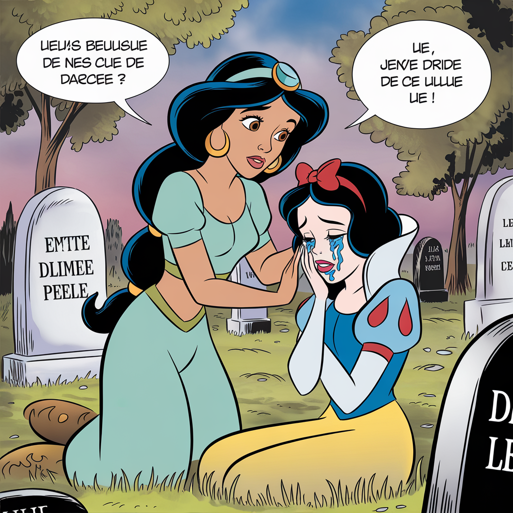 AI generated image by ideogram 2.0: Lesbians princesse jasmine happy hug hands the heade princesse snow white very crying Wail hug the arms princesse jasmine cemetery funeral amoureuse et se discuter réconforter sa femme se parler dans des bulles de bandes dessinées française parler française 