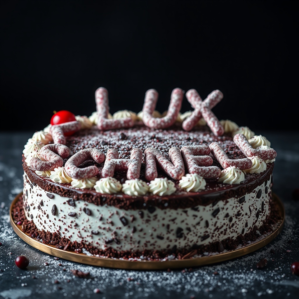 AI generated image by FLUX.1-schnell: black forest gateau cake spelling out the words "FLUX SCHNELL", tasty, food photography, dynamic shot