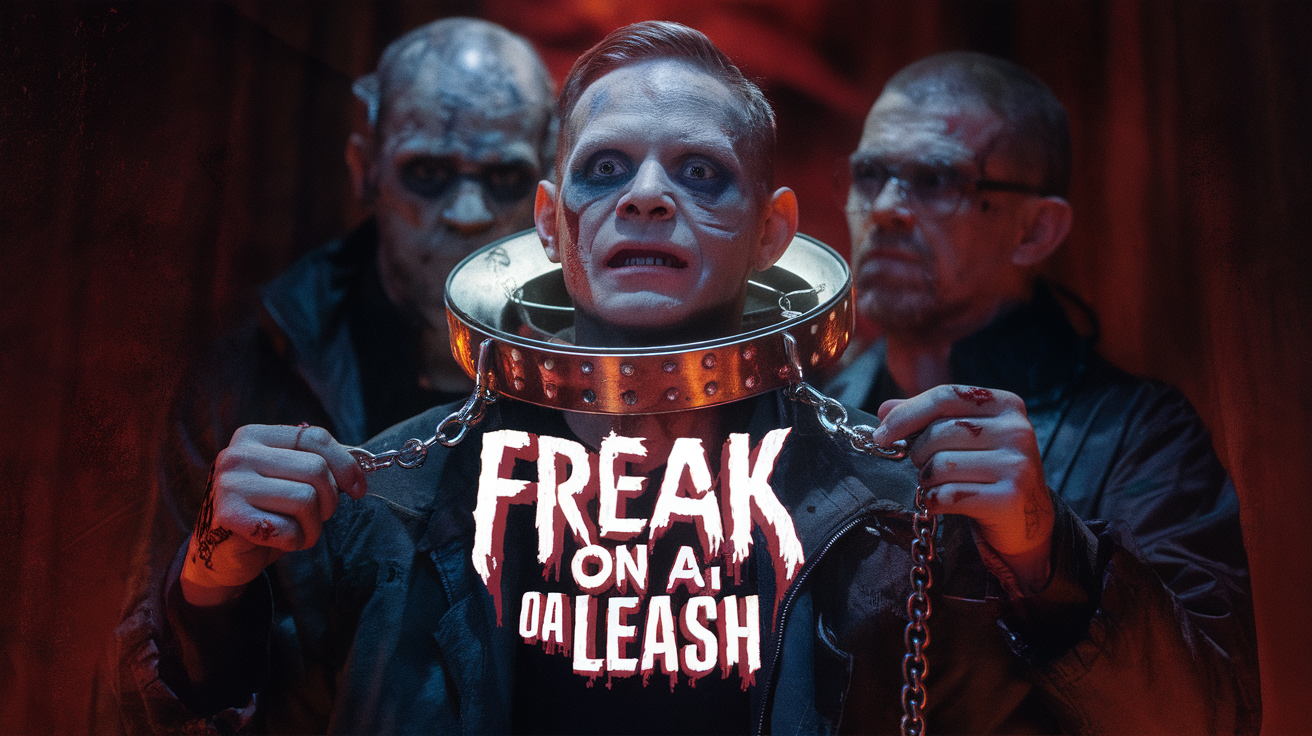 AI generated image by ideogram 2.0: A logo for the horror movie company "Freak On Ai Leash" that is inspired by a creative interpretation of what it means to be a freak on a leash