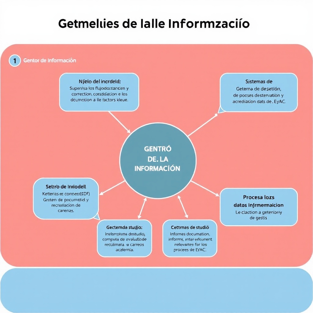 AI generated image by FLUX.1-schnell: Estructura del Gráfico del Modelo de Gestión de la Información:
1.	Gestor de Información (Centro del gráfico):
o	Núcleo del modelo. Supervisa los flujos de información y asegura la correcta coordinación entre los sistemas de gestión y los actores clave en el proceso de evaluación y acreditación de carreras (EyAC).
2.	Sistemas de Gestión Documental (GD) (Arriba a la izquierda):
o	Gestiona la documentación clave, como planes de estudio, informes de evaluación, y otros documentos relevantes para los procesos de EyAC.
3.	Sistemas de Gestión de la Información (GI) (Arriba a la derecha):
o	Procesa los datos académicos y administrativos para su análisis y la presentación de resultados, esenciales para las decisiones de acreditación.
4.	Sistemas de Gestión del Conocimiento (GC) (Debajo del Gestor de Información):
o	Facilita el intercambio de conocimiento y buenas prácticas entre los actores institucionales, promoviendo una mejora continua en los procesos académicos.
5.	Reconocimiento e Importancia de la Información como Recurso Estratégico (Arriba del gráfico):
o	Establece la importancia de la información como activo estratégico en los procesos de evaluación y acreditación, sirviendo como el marco de referencia para todas las decisiones basadas en datos.
6.	Cultura Informacional en los Procesos de EyAC (A la izquierda, debajo del GD):
o	Fomenta una cultura donde la gestión y uso de la información son claves para el éxito en los procesos de evaluación.
7.	Concepción de la Información (Proactivo o Reactivo) (A la derecha, debajo del GI):
o	La información puede gestionarse de manera proactiva (anticipándose a futuras necesidades) o reactiva (respondiendo a demandas inmediatas).
8.	Fortalezas y Debilidades de la Actividad Informacional (Parte media del gráfico, entre GC y Competencias):
o	Identifica los puntos fuertes y débiles en la manera en que se gestiona la información en los procesos de EyAC. La mejora continua se basa en reconocer estos aspectos.
9.	Políticas y Normas Regulatorias (Debajo de Cultura Informacional):
o	Normas que regulan el uso y manejo de la información en los procesos de EyAC, asegurando cumplimiento con estándares nacionales e internacionales.
10.	Infraestructura Informacional (A la derecha, debajo de Concepción de Información):
o	Define los recursos tecnológicos y físicos necesarios para sostener un flujo de información continuo y eficiente en los procesos de EyAC.
11.	Flujos de Información (Debajo del Gestor de Información):
o	Interconecta todos los sistemas (GD, GI, GC) y asegura que los datos lleguen a los actores correctos para una toma de decisiones informada.
12.	Roles y Responsabilidades en el Uso y Acceso a la Información (Debajo de Fortalezas y Debilidades):
o	Claramente define quiénes son los responsables de acceder, usar y proteger la información dentro de los procesos de acreditación.
13.	Competencias Informacionales y Alfabetización Informacional (Debajo del Flujos de Información):
o	Asegura que todos los actores estén capacitados para buscar, evaluar y utilizar información relevante para los procesos de EyAC.
14.	Criterios de Mejora para la Actividad Informacional (Parte inferior del gráfico):
o	Basados en los datos obtenidos y el análisis continuo, estos criterios guían la mejora constante en la gestión de la información, orientada a optimizar los resultados académicos.

