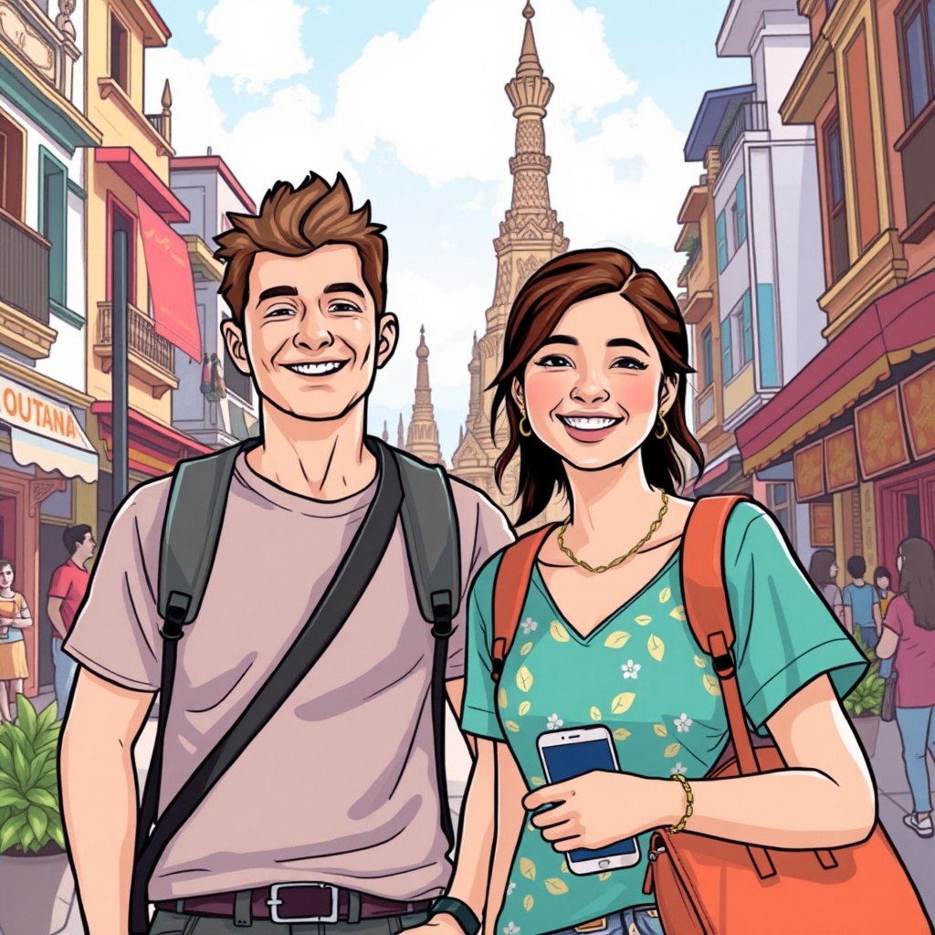 AI generated image by FLUX.1-schnell: illustrated style, the image depicts a male tourist in a Thai city with a female local guide, both are smiling
