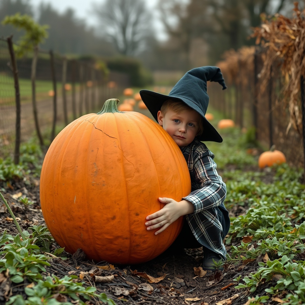 AI generated image by FLUX.1-schnell: garçon de dix ans assis sur une courge d'hallowen