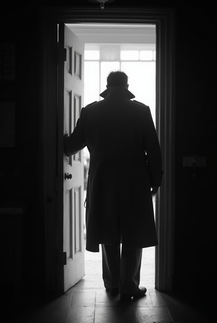 AI generated image by FLUX-Realism-Lora: black-and-white photo with the broad-shouldered silhouette of a man in a trench coat standing in a doorway. 
The man holding the door handle, as if he just entered the room.