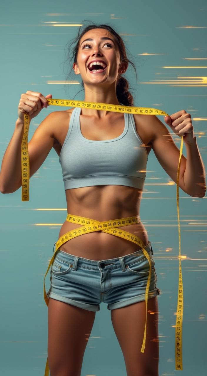 AI generated image by FLUX.1-pro: Woman breaking a measuring tape with force, triumphant look. Text:  5kg EN 7 DIAS'. Motion speed-line background."