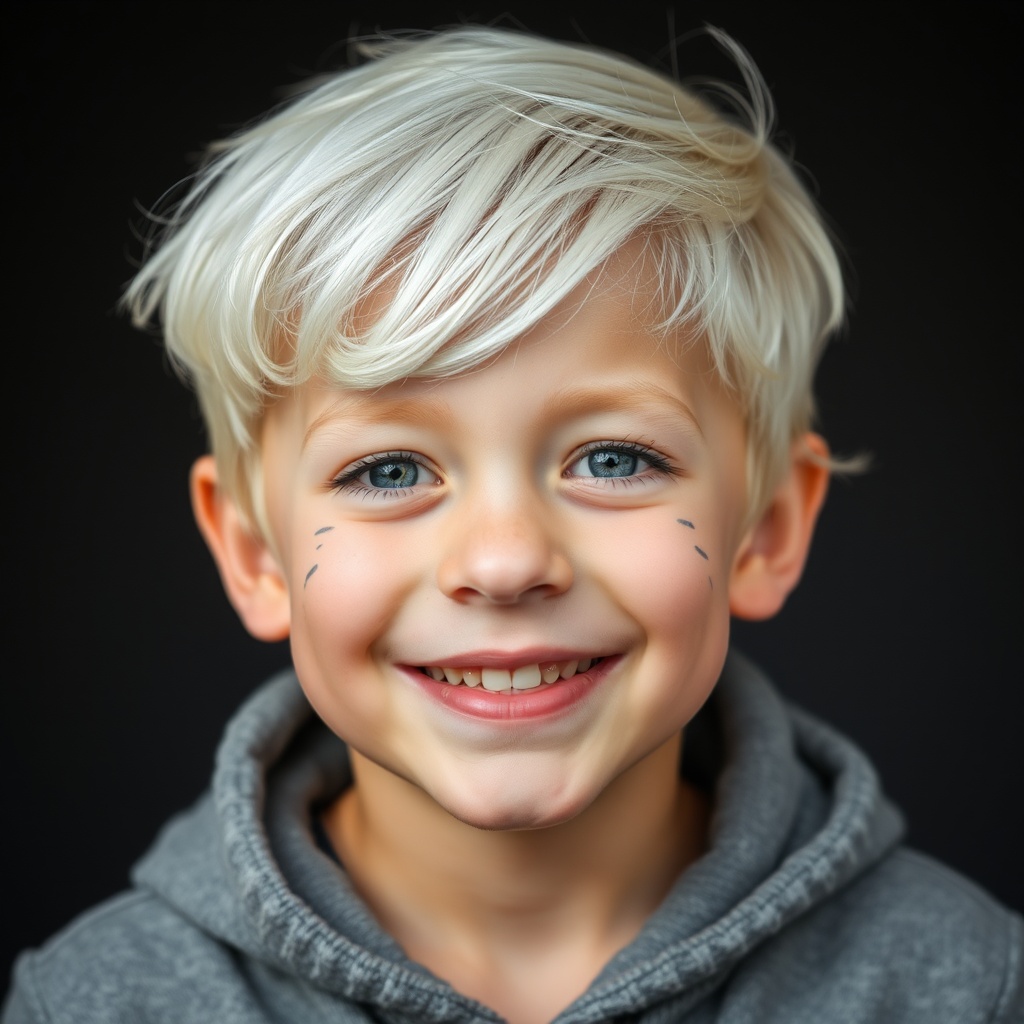 AI generated image by FLUX.1-schnell: garçon de six ans avec les cheveux blanc et yeux gris avec des taches de rousseur souriant