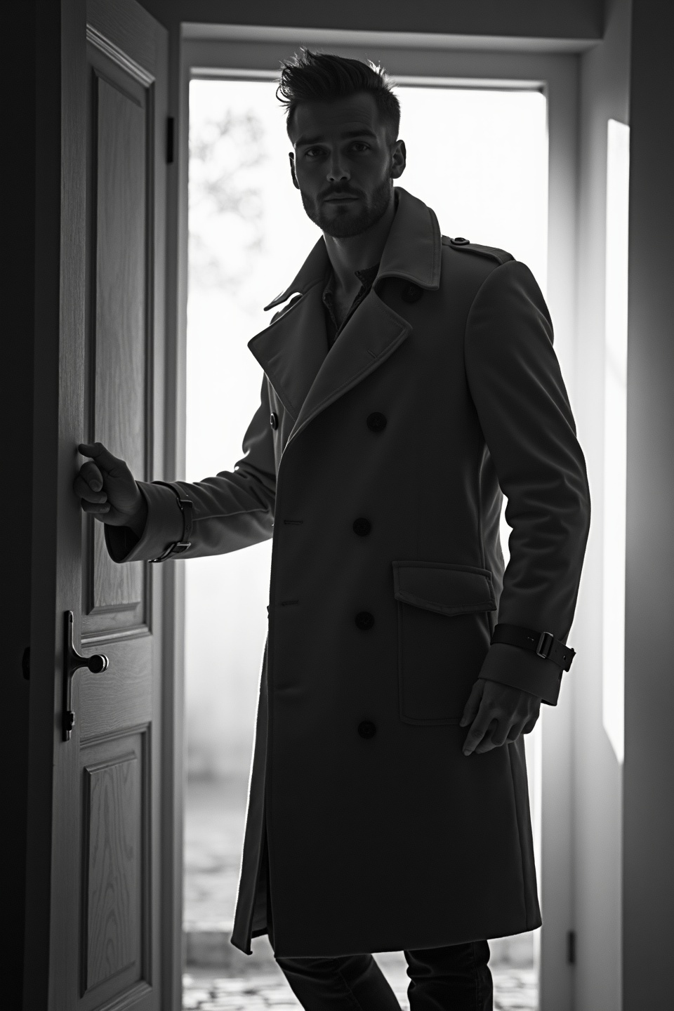 AI generated image by FLUX.1-image-to-image: black-and-white photo with the backlit dark silhouette of a handsome broad-shouldered man in a trench coat standing in a doorway coming and looking to camera. 
The man touching the door, as if he just entered the room. God rays. Backlight. Overexposed street background 