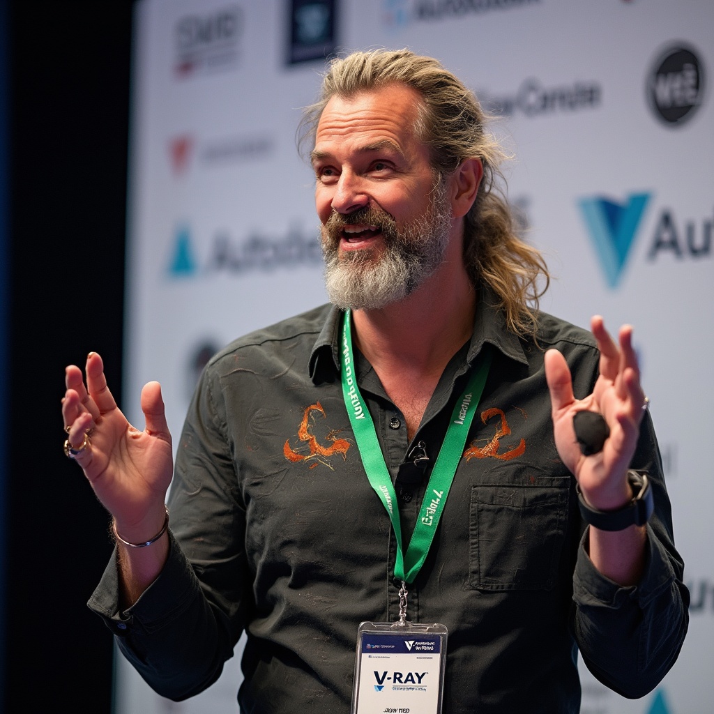AI generated image by FLUX-Realism-Lora: A charismatic speaker is captured mid-speech. He has long, slightly wavy blonde hair tied back in a ponytail. His expressive face, adorned with a salt-and-pepper beard and mustache, is animated as he gestures with his left hand, displaying a large ring on his pinky finger. He is holding a black microphone in his right hand, speaking passionately. The man is wearing a dark, textured shirt with unique, slightly shimmering patterns, and a green lanyard with multiple badges and logos hanging around his neck. The lanyard features the "Autodesk" and "V-Ray" logos prominently. Behind him, there is a blurred background with a white banner containing logos and text, indicating a professional or conference setting. The overall scene is vibrant and dynamic, capturing the energy of a live presentation.