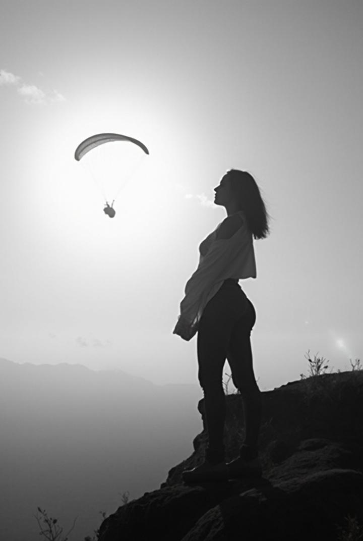 AI generated image by FLUX-Realism-Lora: Black and white photo of a sexy young woman silhouette standing on the cliff lifted her shirt to show her breasts to a paraglider flying overhead. Sky background. Backlight 