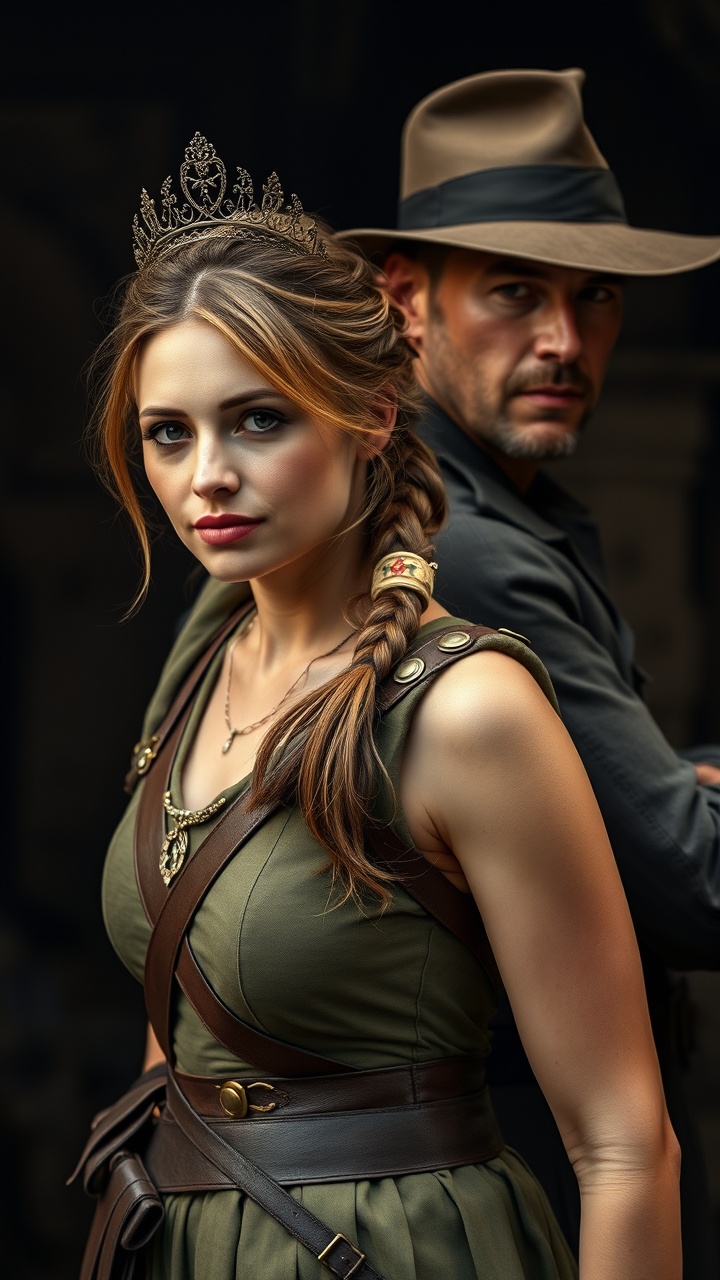 AI generated image by FLUX.1-schnell: Reimagine queen Mathilde from Belgium as Lara Croft, backed by king Filip of Belgium as Indiana Jones.