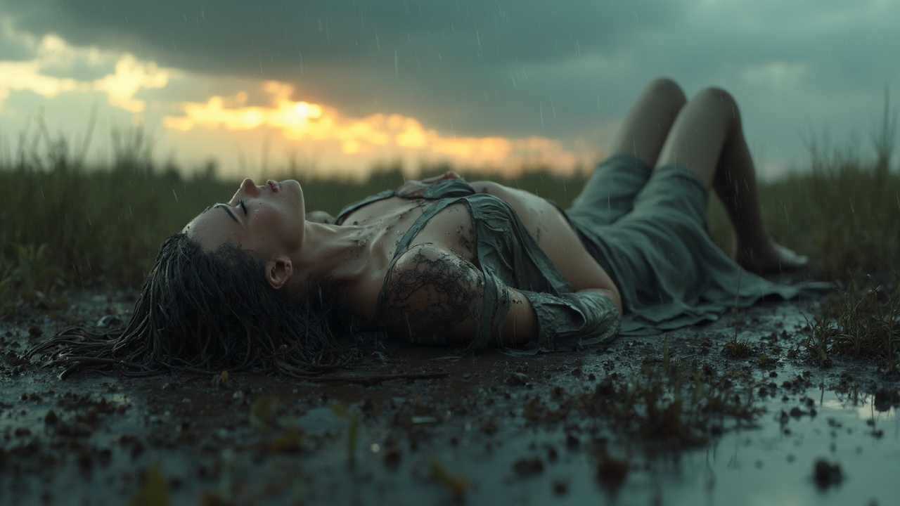 AI generated image by FLUX-Realism-Lora: photorealistic, hyperdetailed image of a fallen angel woman lying at full length on her back on a wet field after a heavy downpour. Her body is relaxed and powerless, one arm thrown to the side, the other pressed to her chest. Her eyes are closed, streams of rain mixed with tears flow down her cheeks. Her face expresses deep sorrow and exhaustion. Her huge, broken, dirty wings are splayed in the mud and puddles, some feathers still trembling in the wind. Large raindrops stream down her skin, her wet hair is splayed around her head like a dark halo. A cold wind causes goosebumps on her skin and ripples the surface of the puddles. A stormy sky with heavy leaden clouds, through which occasional rays of sunset light break, illuminating her figure. High detail of raindrops on skin, reflections of the sky in puddles, textures of wet feathers and mud on the wings. Aspect ratio 16:9, cinematic backlighting, deep emotionality, full body shot.