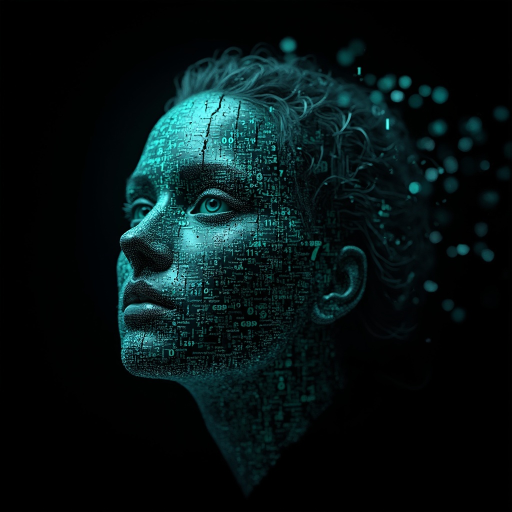 AI generated image by FLUX-Realism-Lora: Ada Lovelace's face as a digital mask made from thousands of turquoise numbers and formulas forming his face. the formulas and numbers fly behind the mask leaving a trail of complexity. the mask is floating dynamically in mid air. his head is turned to the right but his eyes are looking directly into the camera. the mask is on a black background.  like a png with black only background. photo realistic, sci-fi, human features hair