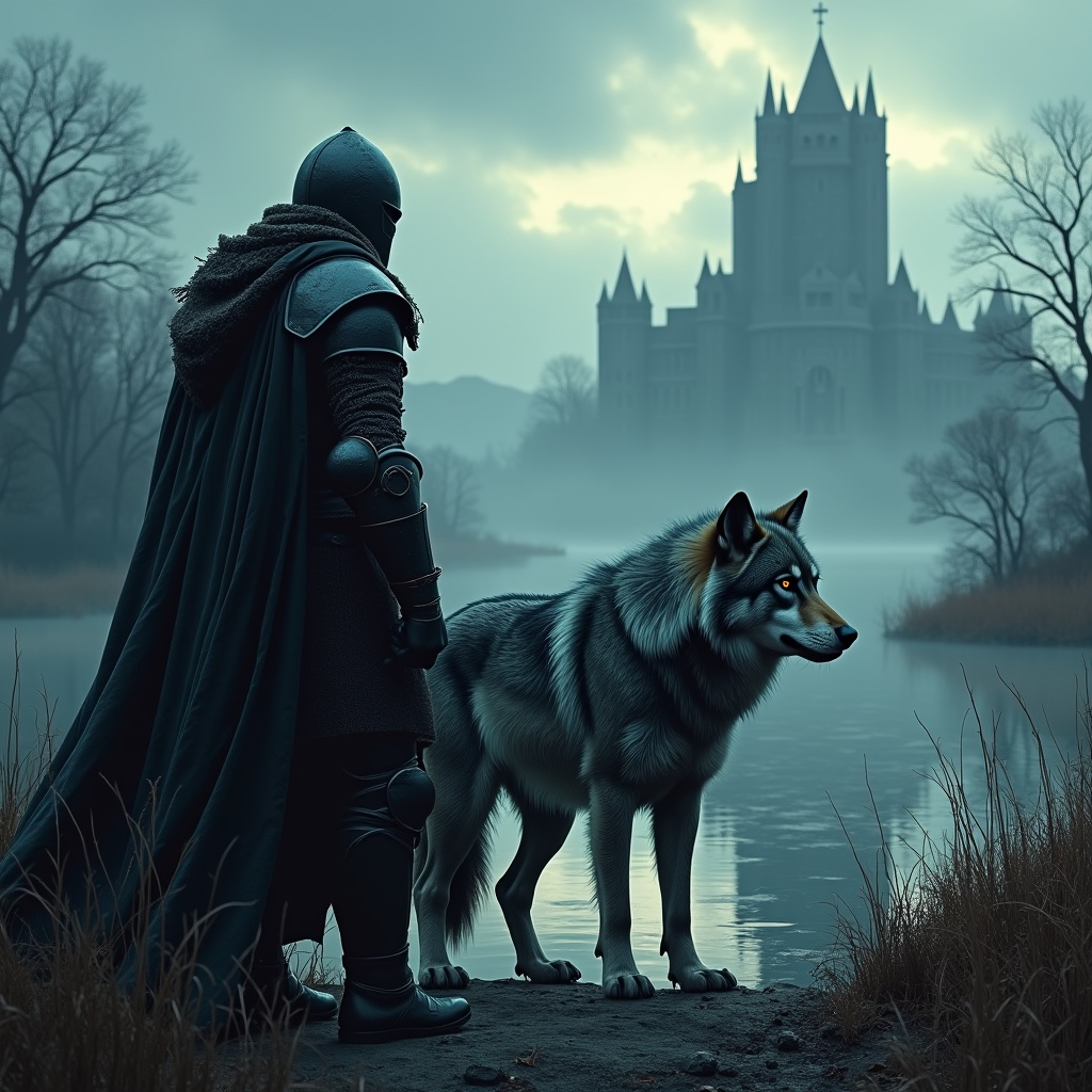 AI generated image by FLUX.1: "A dark, weathered knight clad in battle-worn blackened armor stands solemnly in an eerie marshland at dusk. His cloak, tattered and damp, billows in the cold, whispering wind. Beside him, a massive wolf with piercing amber eyes and a coat streaked with silver and shadow stands alert—fierce yet devoted, exuding loyalty and raw power. In the misty distance, a towering, ancient castle looms, half-shrouded in fog, its jagged spires silhouetted against a brooding overcast sky. The murky marsh reflects twisted trees and glimmers of fading light, casting an otherworldly glow across the hauntingly beautiful landscape." Use vivid colors and enhance the image with grain. The style should be reminiscent of an older video game.