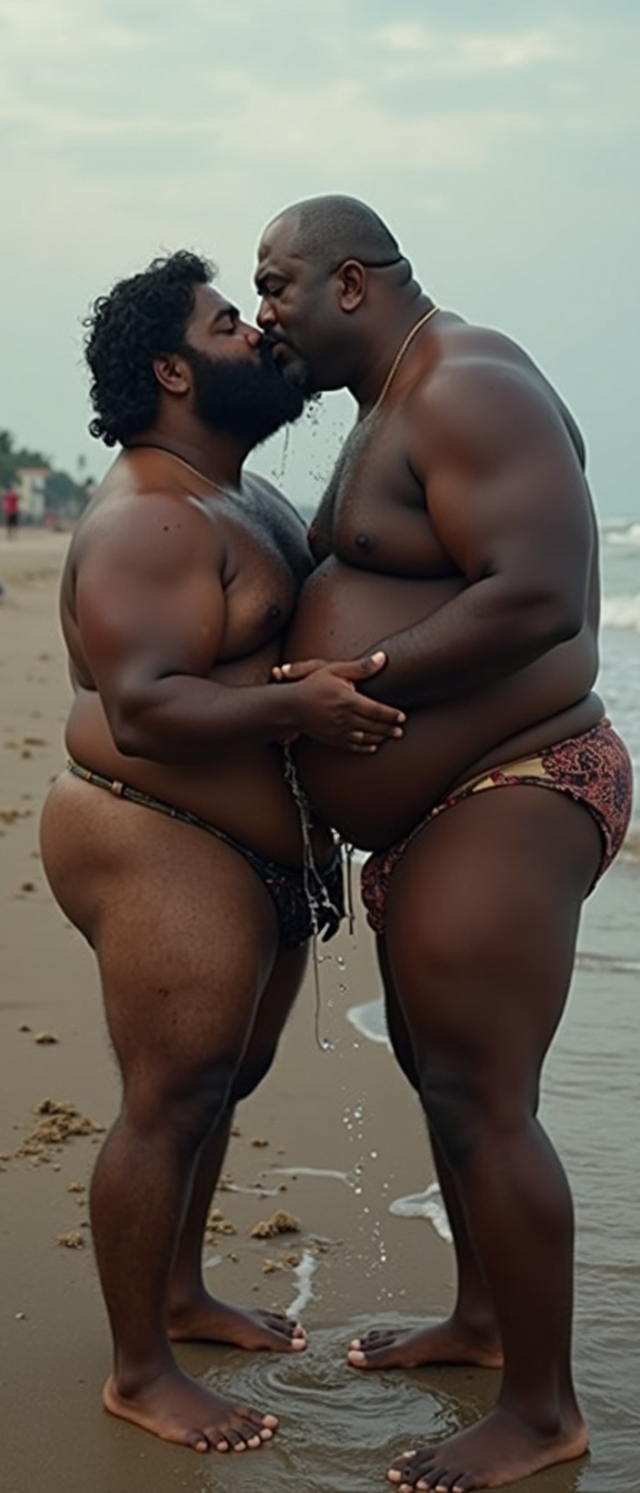 AI generated image by FLUX.1: 
Danny who is very obese with a big round belly, big low hanging man tits, dark skinned, hairy, grey haired, lustful, macho, matured, hairy, dark, angry Tamil alpha filthy rich handsome macho thick handlebar mustached sugardaddy with high cheek bones and jawline with thick eyebrows, full plump lips, thick handlebar mustache and very big beefy and muscular chests is hugging Tommy very close, a short man. Danny and Tommy are having a secret affair at a nude beach involving salivating kisses and tongues with their lips locked and drooling with saliva. Danny holds Tommy's cheeks while he kisses and spits on his tongue. Both Danny and Tommy are fully naked without clothes or pants and wet all over. Danny has a big fat horseshoe balding head and a big fatty buttocks. Tommy is caressing Danny's big, hairy, obese, dark skinned round belly and holding his thick bulgy crotch. Danny's dark skinned big hairy belly has a big round belly button that is deep. Danny also has fat beefy thighs and big feet. Danny is hugging Tommy close with both his big arms and is spitting a lot of wet strands saliva in Tommy's wide open with his tongue out. The saliva runs down from Danny's plump lips with his thick long handlebar mustache to his big hairy huge thick hardened nipples, his dark skinned obese hairy belly, his large deep belly button, his thick thighs and his thick feet and on the floor.
