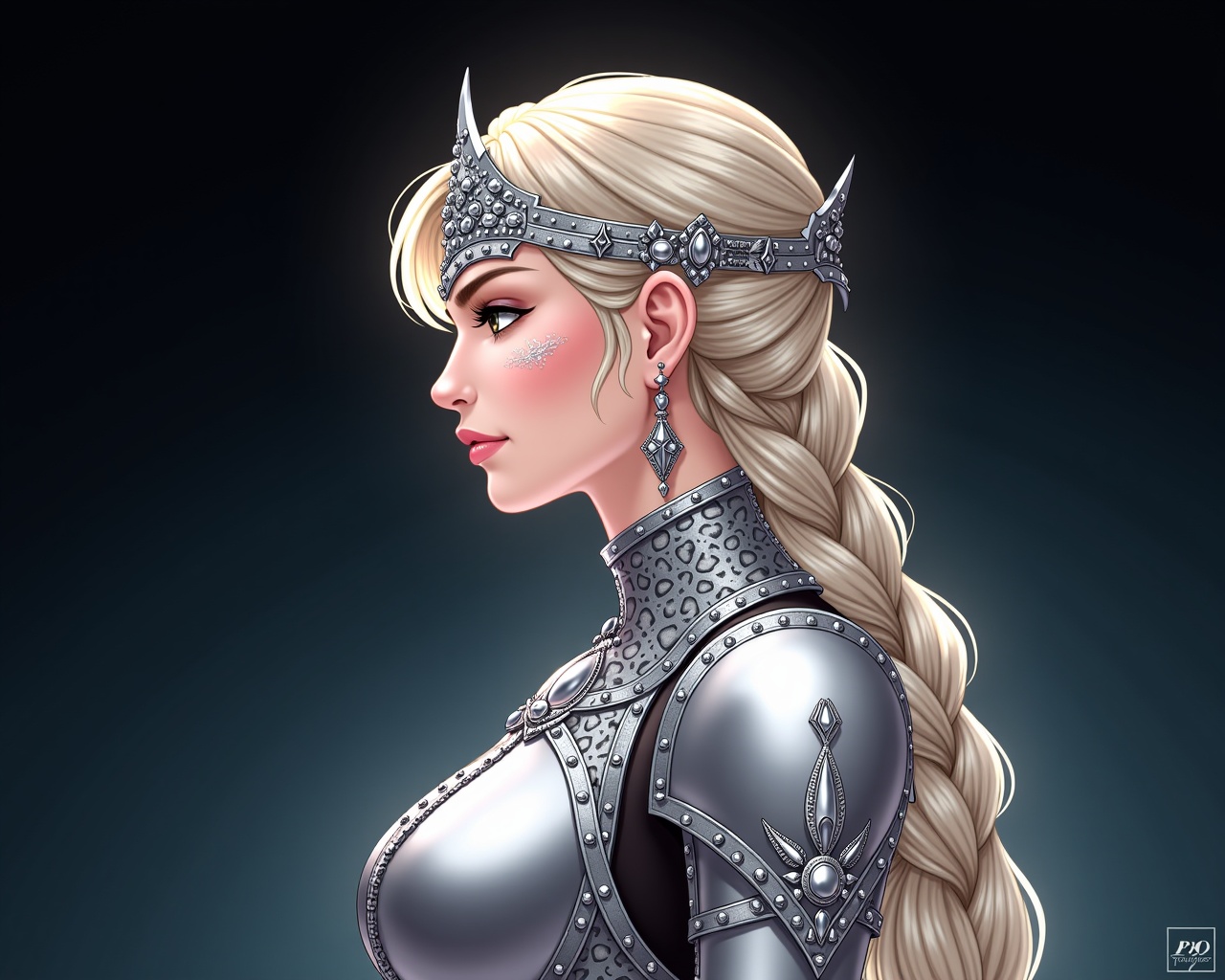 AI generated image by FLUX.1:  The illustration portrays a valkyrie in profile, clad in elaborate silver armor and jewelry, crowned with a detailed headpiece. Her fair complexion is highlighted with silver touches, and her hair is styled into a sophisticated braided updo. The illumination brings out the ornate features of her armor and adornments, against a dark gradient background, evoking a regal and dramatic atmosphere.