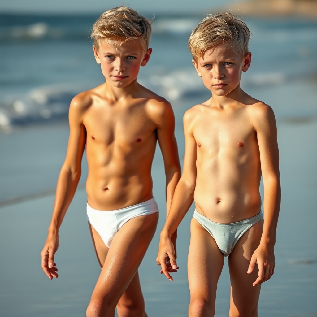 AI generated image by FLUX.1-schnell: deux garçons blond aux yeux bleu de huit ans en maillot de bain se tenant la main en marchant sur la plage