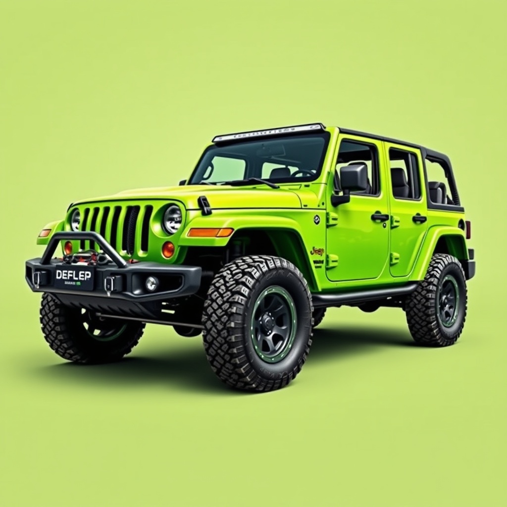 AI generated image by FLUX.1-schnell: CREA UNA IMAGEN DE UNA JEEP TRUCK  4 PUERTAS CON EQUIPO DE OFF ROAD  4X4 COLOR VERDE LIMON EDICION LIMITADA 