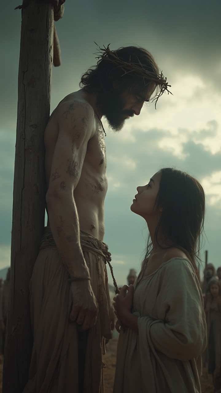 AI generated image by FLUX-Realism-Lora: A somber, atmospheric scene set against a stormy sky, depicting the crucifixion of Jesus in a hyper-realistic, cinematic style. Jesus, one of the two men on the crosses, appears visibly pained and sorrowful, with precise details capturing the agony in his face and body. His figure is thin and frail, marked by wounds on his hands, feet, and side, and he is dressed in a simple cloth wrapped around his waist. The muscles of his body are tense, his head slightly lowered, with a crown of thorns resting upon his brow, adding an unmistakable layer of suffering. The scene is viewed from a low-angle close-up shot, emphasizing the scale of the crosses and the heaviness of the moment, shot in ultra-high-definition, with IMAX-quality detail and extreme photorealism.

In the foreground stands a young girl, about 12 years old, replacing the woman from the original image. She gazes up at Jesus with an expression of deep sorrow and loss, her eyes welling up with emotion as she clutches her hand over her heart, evoking a raw, innocent grief. Her face is framed by loose dark hair, and she wears a simple, flowing robe in muted earth tones, blending seamlessly with the desolate landscape. The camera gradually zooms in on her face, capturing the depth of her sadness, as dark clouds churn in the sky above, casting dramatic shadows across the scene. In the background, a small crowd of somber onlookers, clad in period-appropriate robes, watches silently, adding to the gravity of the event. The lighting is muted, with shafts of diffused sunlight breaking through the clouds, illuminating Jesus and casting the girl in soft, tragic radiance. The entire shot is ultra-smooth, with cinematic crispness, hyper-detailed, and award-winning cinematography techniques, evoking a deep, emotional response.
