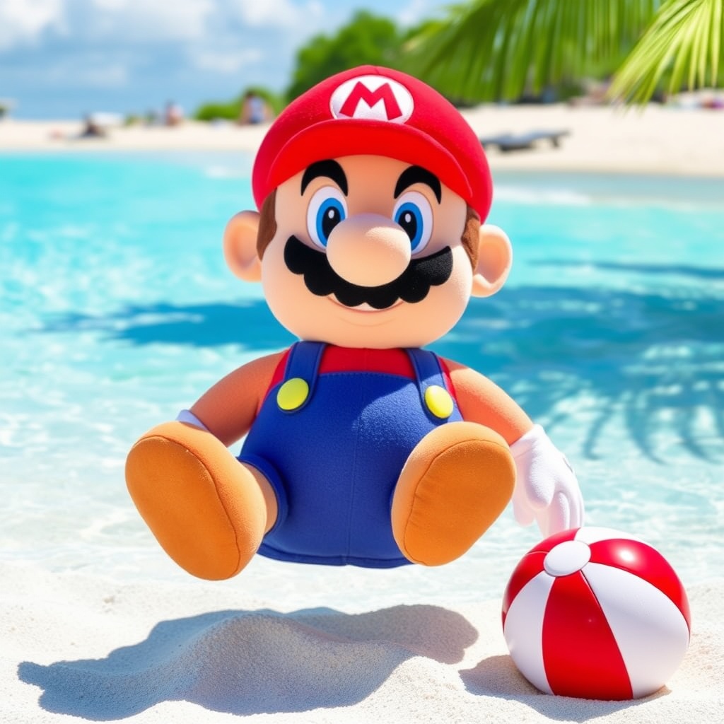 AI generated image by FLUX.1-schnell: Mario Plush Beach Red Towel Beach Ball