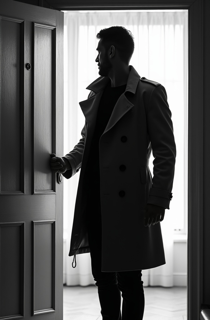 AI generated image by FLUX.1-image-to-image: black-and-white photo with the broad-shouldered silhouette of a man in a trench coat standing in a doorway coming in. 
The man holding the door handle, as if he just entered the room.

