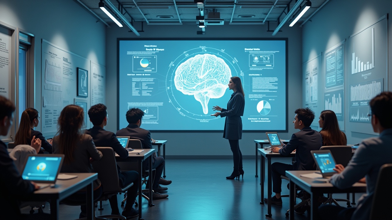 AI generated image by FLUX.1: "A futuristic classroom with holographic blackboards, diverse students using tablets, and a teacher interacting with a 3D model of the human brain, soft lighting, high detail, science fiction style."