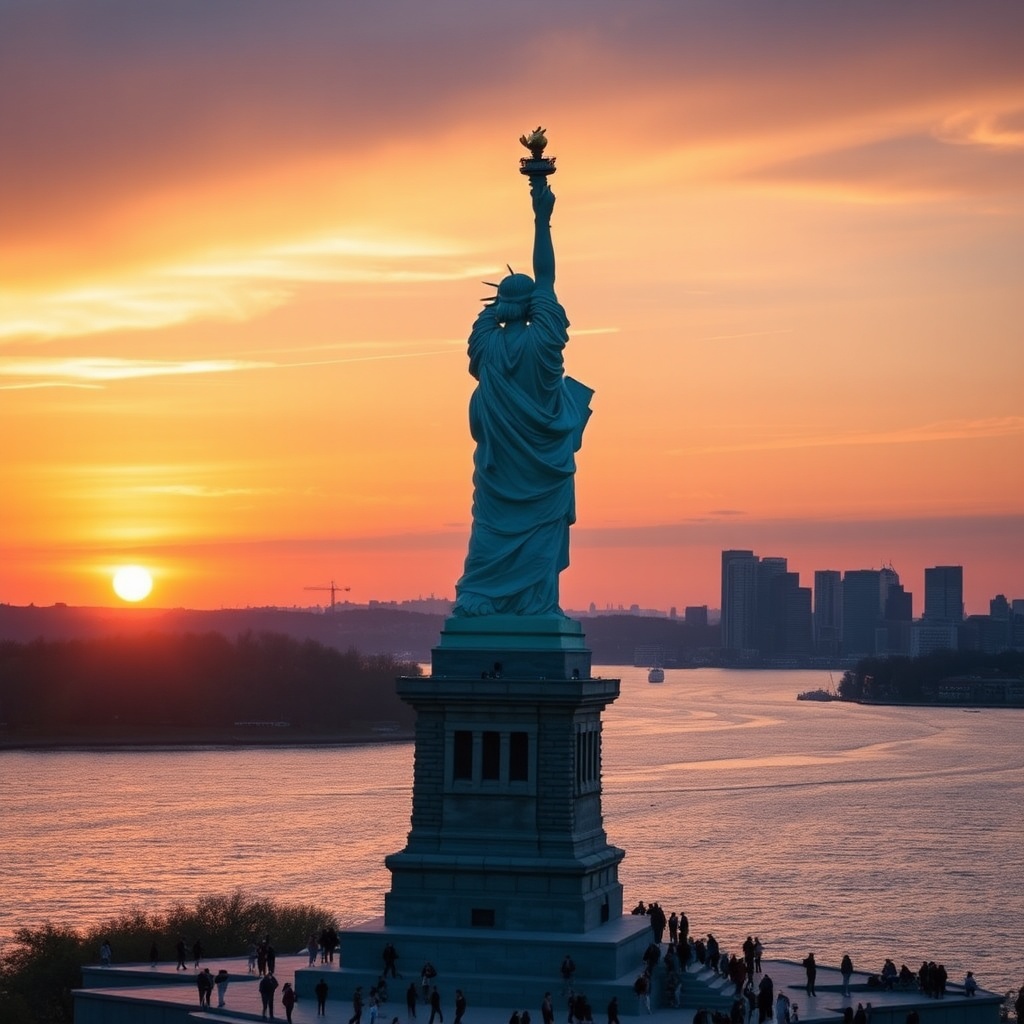 AI generated image by FLUX.1-schnell: A realistic photo of the Statue of Liberty at sunset with tourists around the base