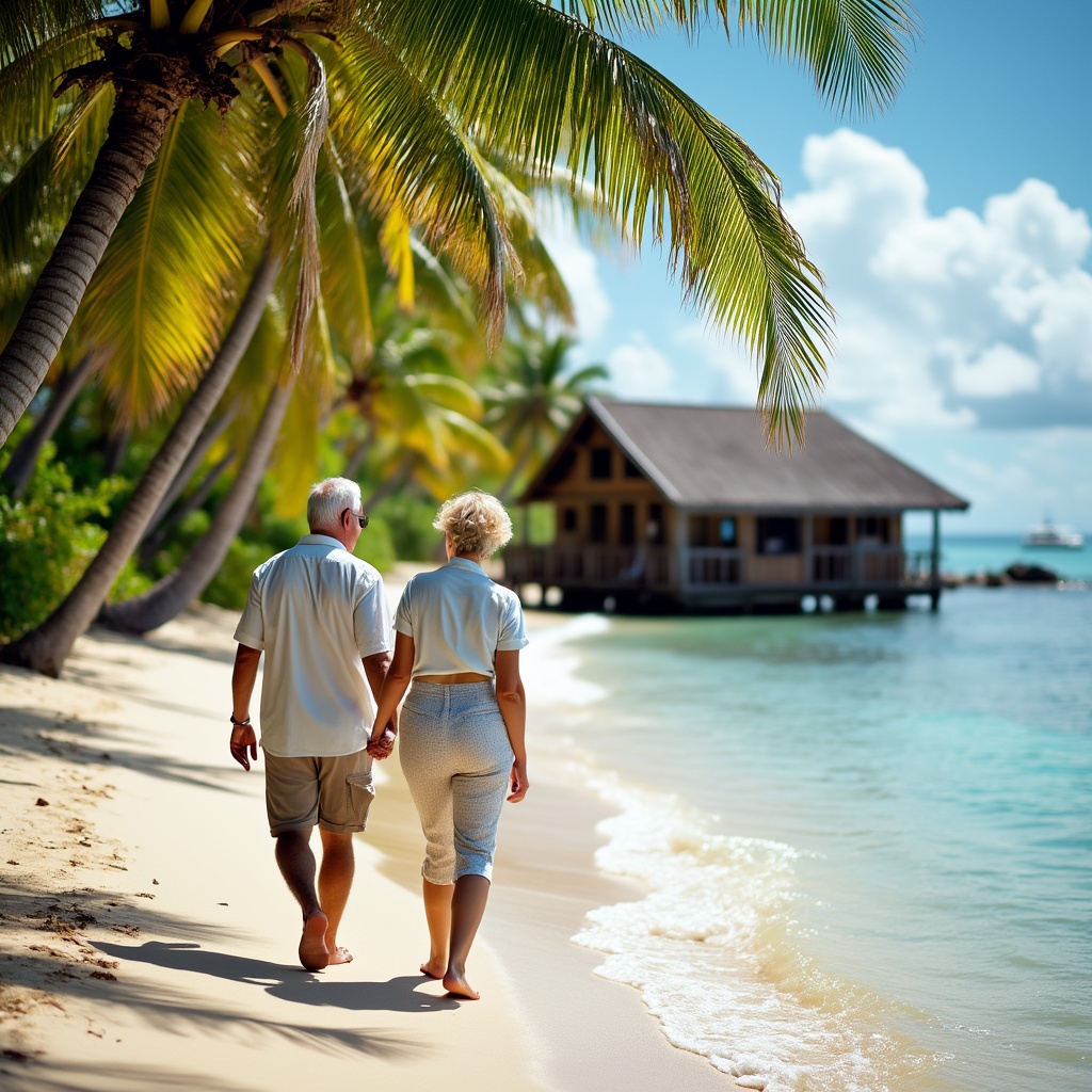 AI generated image by FLUX.1-pro: a couple, 50 years old, holding hands, walking on a tropical beach with palm trees hanging over the water. In the distance, a rustic cabin be seen that is nestled into the beach. Sunny day.