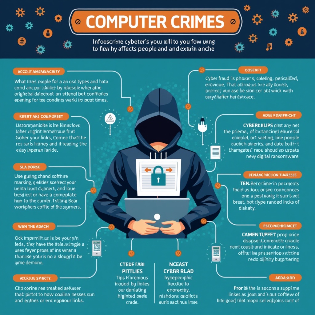 AI generated image by FLUX.1: Create an informative infographic about cybercrime, briefly explaining what it is and how it affects people and organizations.

The title should be COMPUTER CRIMES

 Include the most common types of crime such as cyber fraud, phishing, data theft, cyber bullying, digital vandalism, and malware/ransomware. Add practical tips on how to protect yourself, such as keeping software up to date, using strong passwords, enabling two-factor authentication, and not clicking on suspicious links. Incorporate current statistics on the growth of cybercrime and end with a recommendation on the importance of cybersecurity. Use an attractive visual design with technological icons, eye-catching colors, and clear, legible fonts.