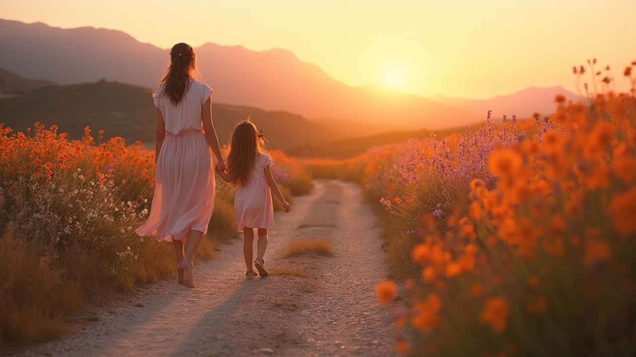 AI generated image by FLUX-Realism-Lora: Crear image de un sendero rodeado de flores silvestres que se extiende hasta un horizonte brillante, donde el cielo se tiñe de un suave naranja y rosa al atardecer. El camino es estrecho, bordeado por flores de colores vibrantes: amapolas rojas, margaritas blancas, lavanda morada y pequeñas flores amarillas que parecen bailar con la brisa. A lo lejos, las montañas se vislumbran en tonos cálidos, mientras el sol se oculta lentamente.

En el primer plano, una madre y su hija caminan de la mano. La madre lleva un vestido largo y fluido, de color pastel, con el cabello recogido en un moño suelto, y su rostro refleja una sonrisa suave. La hija, con un vestido corto y unos zapatos de charol, tiene el cabello suelto, largo y rizado, y mira hacia el horizonte con una expresión de asombro. Ambas parecen disfrutar del momento, caminando lentamente, como si estuvieran compartiendo un tranquilo y significativo paseo. La luz dorada del atardecer las envuelve, creando una atmósfera de paz y conexión