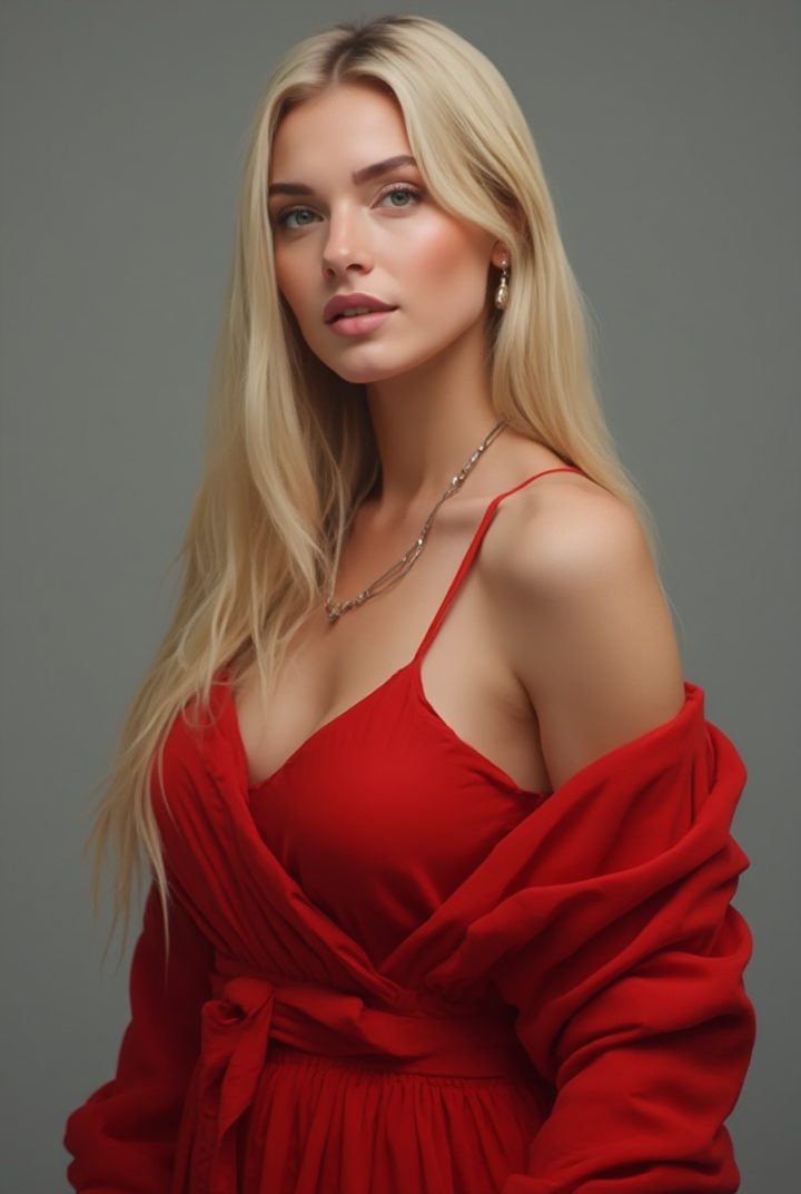 AI generated image by FLUX-Realism-Lora: a beautiful woman in a red robe, a loose sideways pose, long smooth blonde straight hair, perfect facial features, smooth skin, small earrings in her ears, a thin chain around her neck, plump lips and smooth facial skin, gray background,