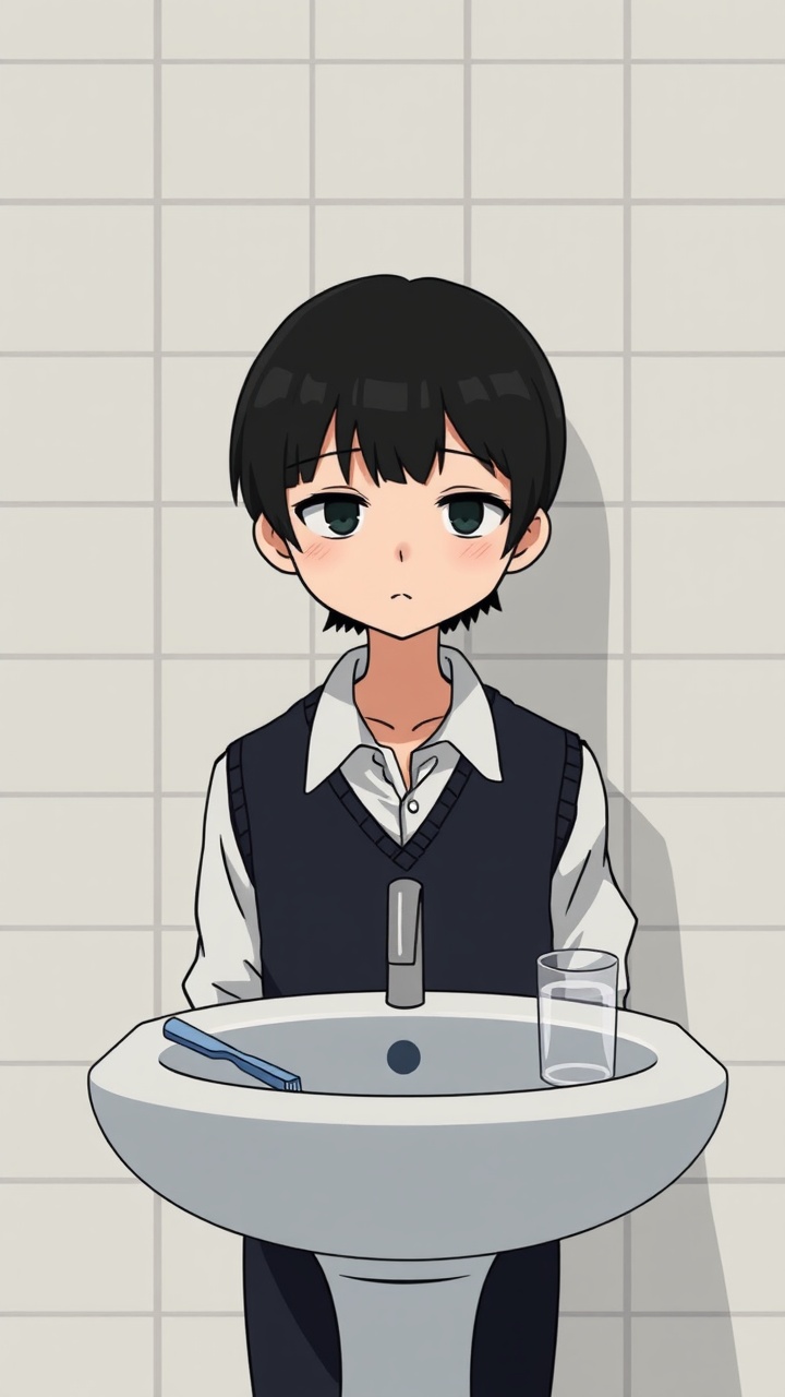 AI generated image by FLUX.1-schnell: Omocat's omori game artstyle, The image depicts a young person standing behind a bathroom sink facing the viewer, their expression somber. Their dark hair is neatly styled, and they are dressed in a white shirt with a dark vest. The tiled walls behind them are plain and featureless, creating a sense of isolation. The sink faces the subject. The only other elements in the scene are a toothbrush and a glass on the counter, suggesting a routine that the individual may find difficult to engage in. The overall mood of the image is melancholic, hinting at a sense of loneliness or sadness. The subdued colors and minimalist composition further contribute to the somber atmosphere.  The image leaves room for interpretation, inviting viewers to consider the inner thoughts and feelings of the subject.