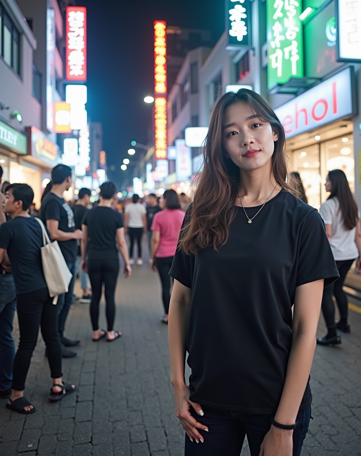 AI generated image by FLUX.1-image-to-image: " stands confidently on a lively street in Seoul at night, surrounded by the vibrant lights of the city. She wears a simple black T-shirt that contrasts with the neon signs and illuminated storefronts in the background. The scene captures the essence of Seoul’s energetic nightlife, with a blend of modern buildings, colorful advertisements, and a bustling crowd. Her long hair flows naturally, adding to her calm yet captivating presence amidst the city’s dynamic atmosphere. The night sky overhead reflects the glow of the city lights, creating an ambiance of urban mystery and elegance."