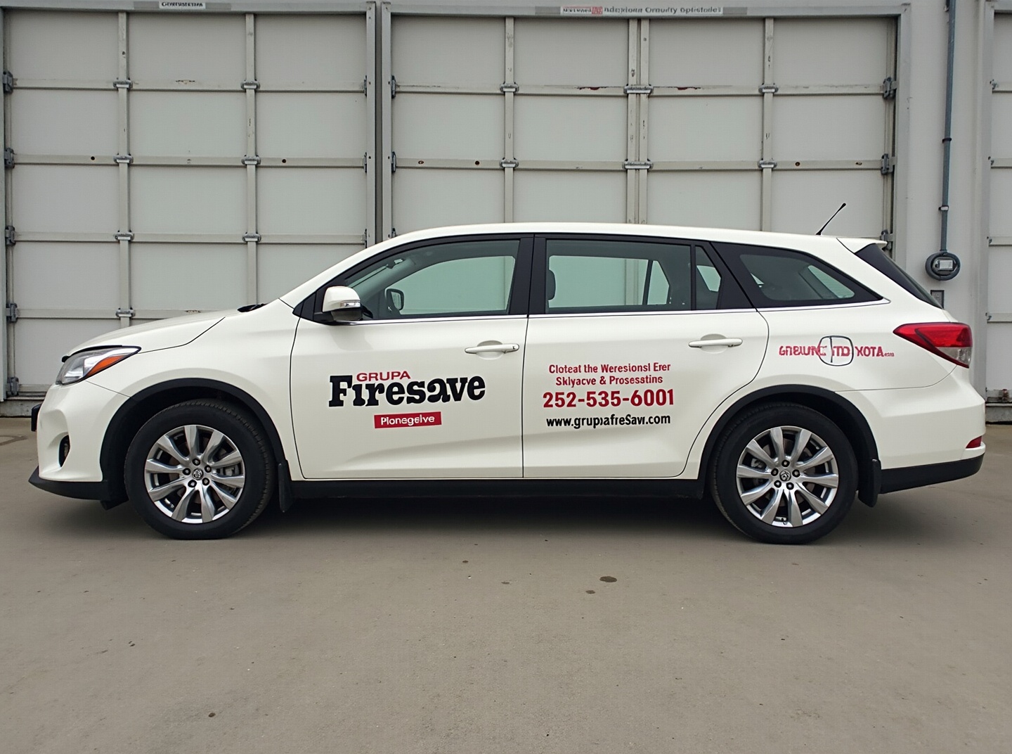 AI generated image by FLUX.1-image-to-image: on white background A white car toyota colorra has branding and contact information for 'Grupa Firesave'. side view. white background