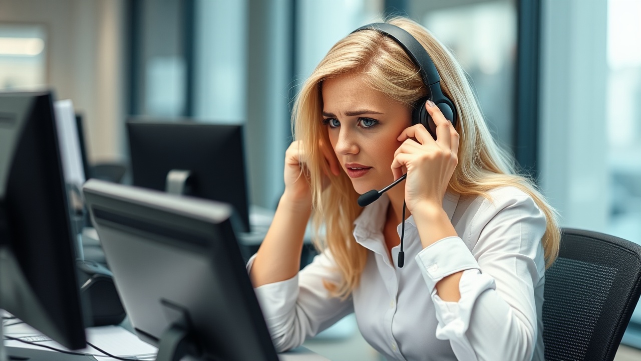 AI generated image by FLUX.1-schnell: frustrated blonde call center agent wearing a headset with 5 phones ringing on her desk