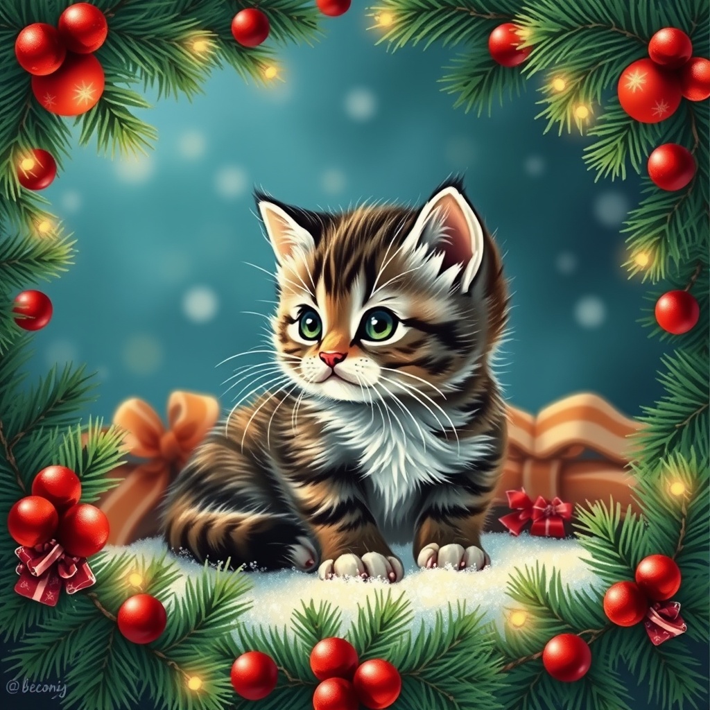 AI generated image by FLUX.1-schnell: Christmas postcard with a kitten, framed in a Christmas garland