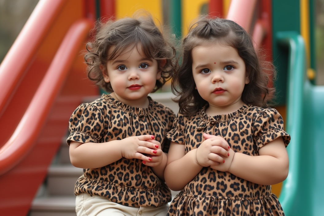 AI generated image by FLUX.1-pro: create an image of Two chubby posh young little 4-year-old Caucasian girls (fair skin, fat chubby, very posh appearance) with red lipstick nails, wearing leopard print dresses in leopard colours, showing sly sassy posh chubby round faces. The girls have dark brunette hair, their heads tilted a bit, and they are dressed in leopard patterned dresses, demonstrating more movements and flexibility in their poses. Each girl holds a 2-year-old toddler boy whose in a wiggles shirt with cream shorts with light brunette hair in her arms, showcasing control over them boys, in an outside colourful playground setting.