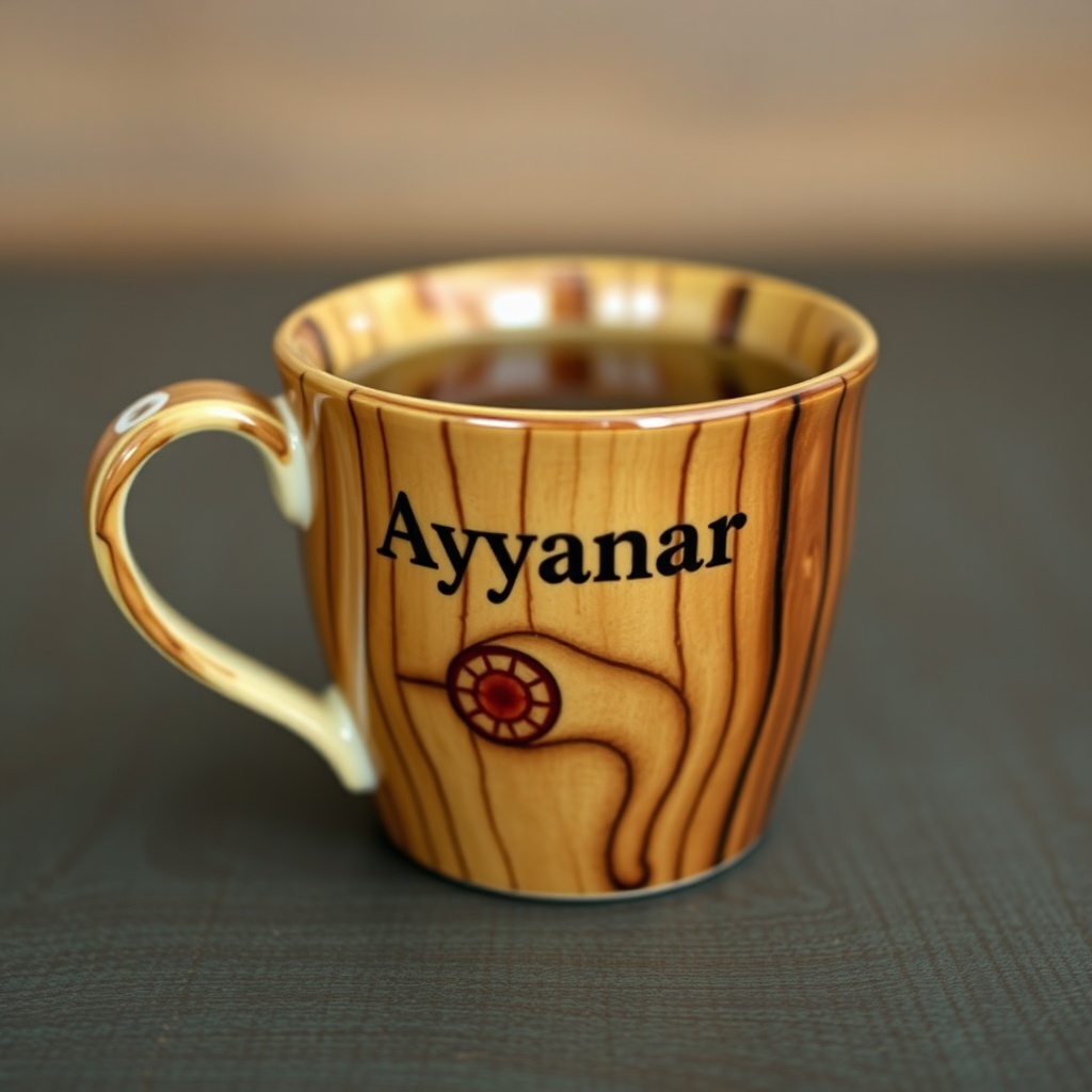 AI generated image by FLUX.1-schnell: tea cup with wood pattern with name "Ayyanar" in that cup