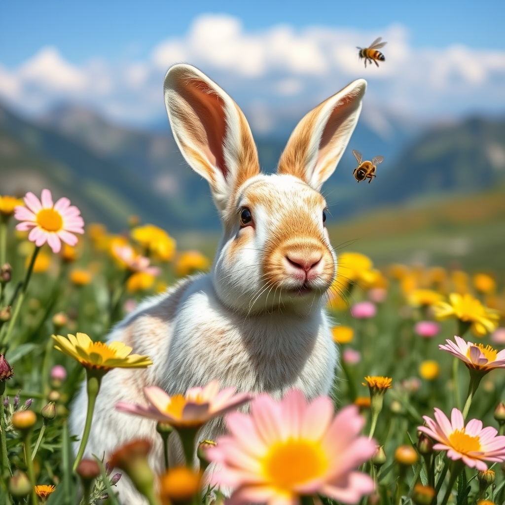 AI generated image by FLUX.1-schnell: Süßer Weißer Hase in einem Gelb, Pink grünen Blumenfeld vor Alpenpanorama an einem sonnigen Tag an dem schon Bienen fliegen