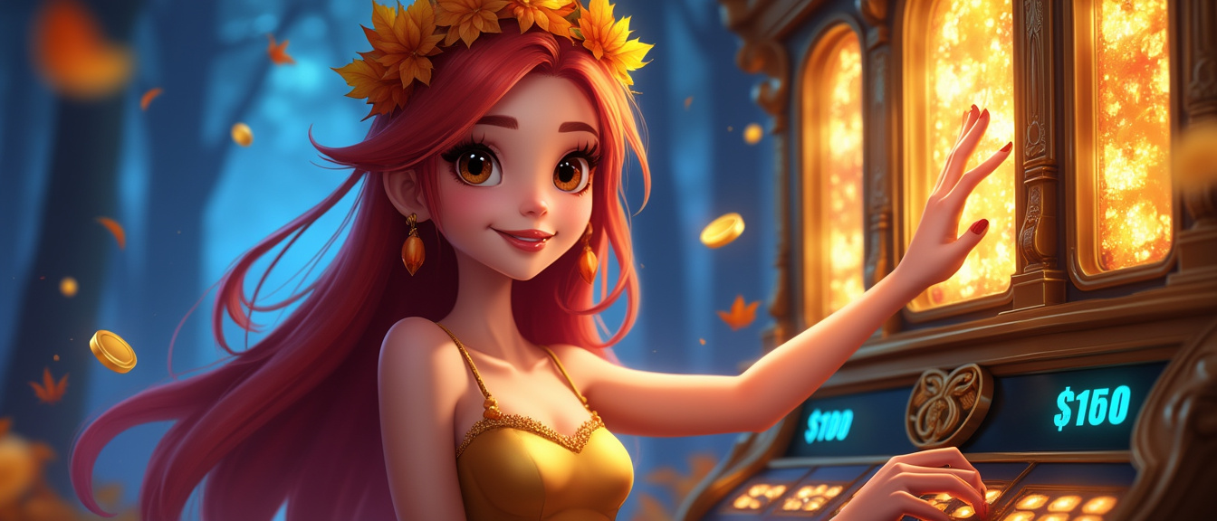 AI generated image by FLUX.1-pro: Fall Bounty - A Slot Game Character in game-styled graphics, a young, fair-skinned female with big shining brown eyes and long vibrant red hair , slightly smiling. There are a lot of Barbara Bang's slot characters around her. She is wearing a gold dress, with a wreath of yellow and orange autumn leaves on her head, she poses dynamically pressing a blue and golden slot machine handle playing a slot game, triggering leaf fall-themed free spins and bonus rounds. Backstage is a dimly lit autumn forest environment with glowing blue neon lights with more autumn leaves and golden coins falling around the female, bold and slim lines, brush strokes, vibrant color palette, iridescent style, bright and reflective atmosphere light effects, holographic background, distance subject, wide open, full body, vibrant colors, saturated, professionally color graded visual, long exposition motion blur, tilt shot framing to add a dynamic and dramatic effect by tilting the horizon angle