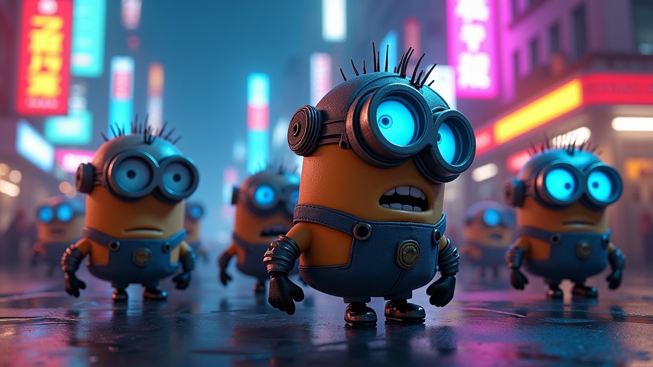 AI generated image by FLUX.1:  cyborg minions with glowing blue eyes and metallic limbs in a vibrant, neon-lit, futuristic cityscape in a stylized photo realism style,   exaggerated features, and dramatic shading