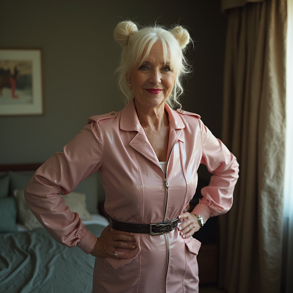 AI generated image by FLUX-Realism-Lora: bossy, old, grandma, mature, very, skinny, slim, waist, arrogant, amazing, proud, haughty, peroxide, bright, radiant, light, super, blonde, hair, hairstyle, messy, look, bun, business, style, eye-catcher make-up, smokey eyes, dark, lilac, lips, kissable lips, pouty, shiny, red, transparent, pvc, zipper, raincoat, tight, belt, hands on hips, in bedroom