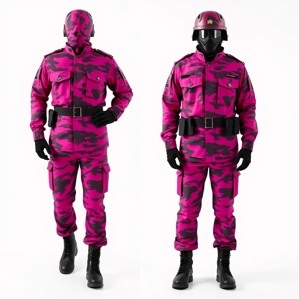 AI generated image by FLUX.1-schnell: FULL BODY UNIFORME MILITAR CAMMO FULL COLOR MAGENTA