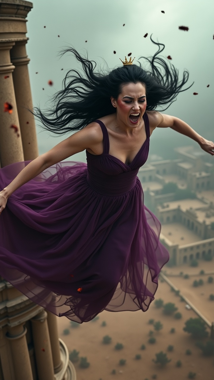 AI generated image by FLUX.1: "Ultra-detailed 8K dynamic shot, Jezebel, a 50-year-old woman, pale skin with kohl and red eyeshadow, long black hair whipping, luxurious purple dress billowing violently, small golden crown flying through the air, falling from a high palace window, body twisting, face in panic, blood splattering on hitting the dusty ground, stone palace in the background, stormy gray sky, dust exploding on impact, 9th century BC, brutal cinematic style with hyper-realistic textures in skin, fabric, and blood."