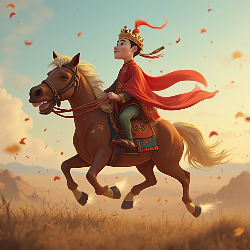 AI generated image by FLUX-Realism-Lora: A king of Vietnamese on the horse, pixar animation style