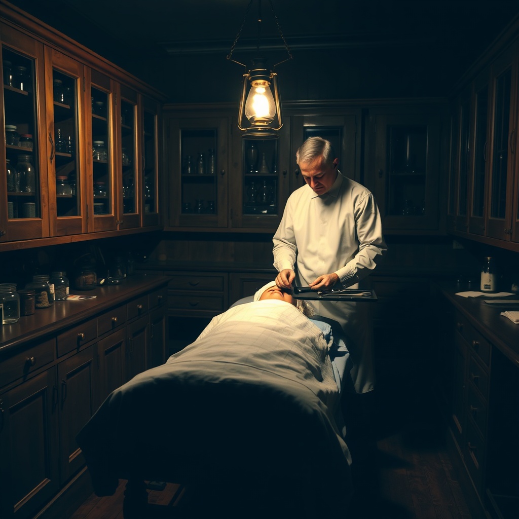 AI generated image by FLUX.1-schnell: A dimly lit, Victorian-era medical room with wooden cabinets lining the walls, filled with glass jars and medical tools. A doctor in period-appropriate attire, wearing a white apron over his clothes, carefully prepares a set of sterilized surgical instruments on a tray. The patient, lying on a simple hospital bed under the  surgical drape, has their head prepped with gauze, and the room is illuminated by a flickering gas lamp hanging overhead, casting long shadows that add to the clinical yet archaic atmosphere