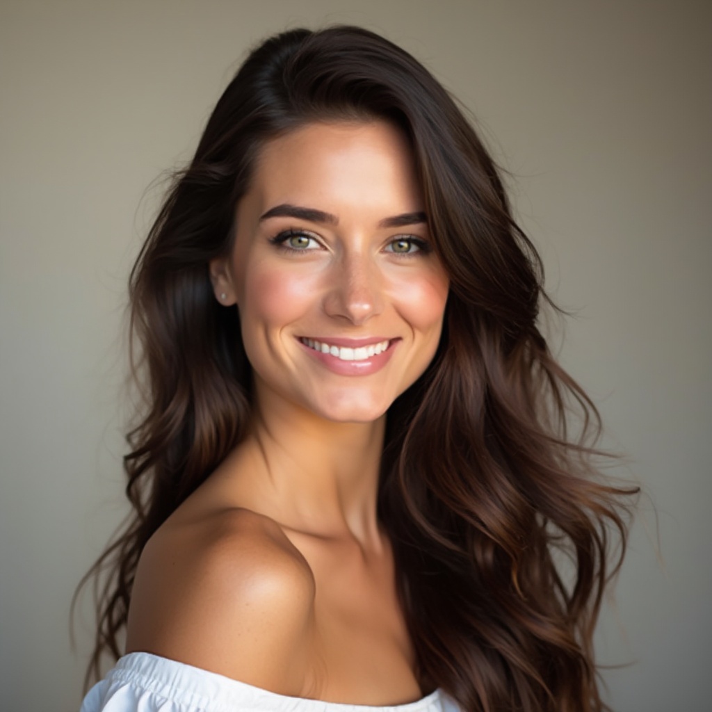 AI generated image by FLUX-Realism-Lora: A beautiful woman with long, flowing hair, styled in loose waves. She has a blend of Russian and American features, with clear, radiant skin, striking eyes, and a confident smile.