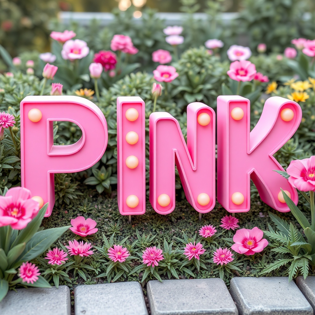 AI generated image by FLUX.1-schnell: 3d text extrud color pink in garden :123:1234 